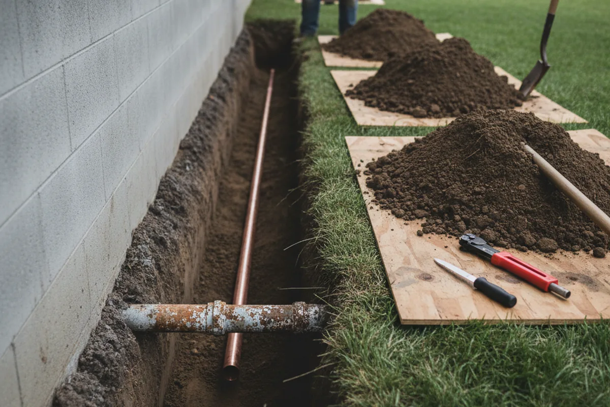 Excavated water line trench during Water Heater Repair in Augusta
